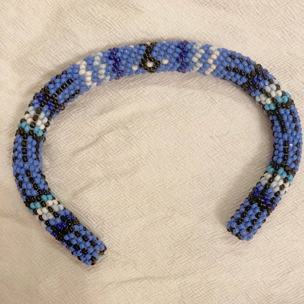 Blue and white hand beaded Native American cuff bracelet 7"